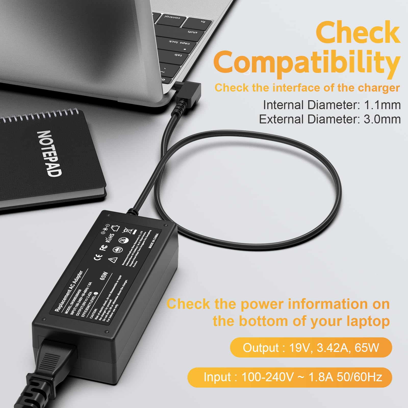 65W Laptop Charger For Acer Chromebook 15 14 13 11 R11 N15Q8, N15Q9, N15Q10, Cb3, Cb5, C720, C720P, C738T, C731, C740; Acer Aspire 3 5, Swift/Spin 1 3 5 Power Supply Cord